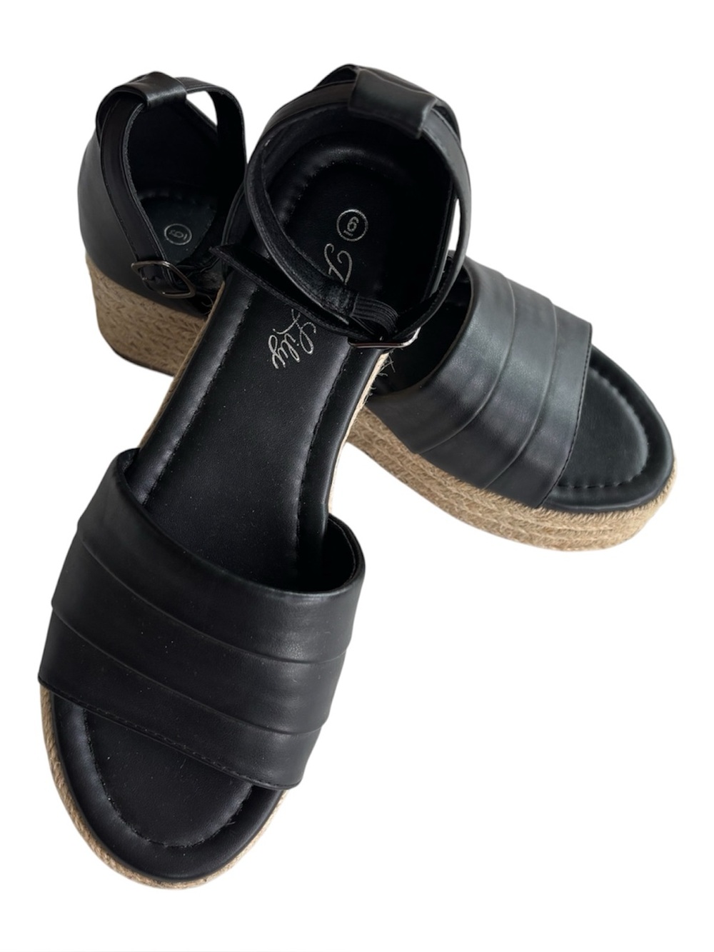 Pink Lily Black Triple Strap Platform Espadrille Wedge Sandals Size 6